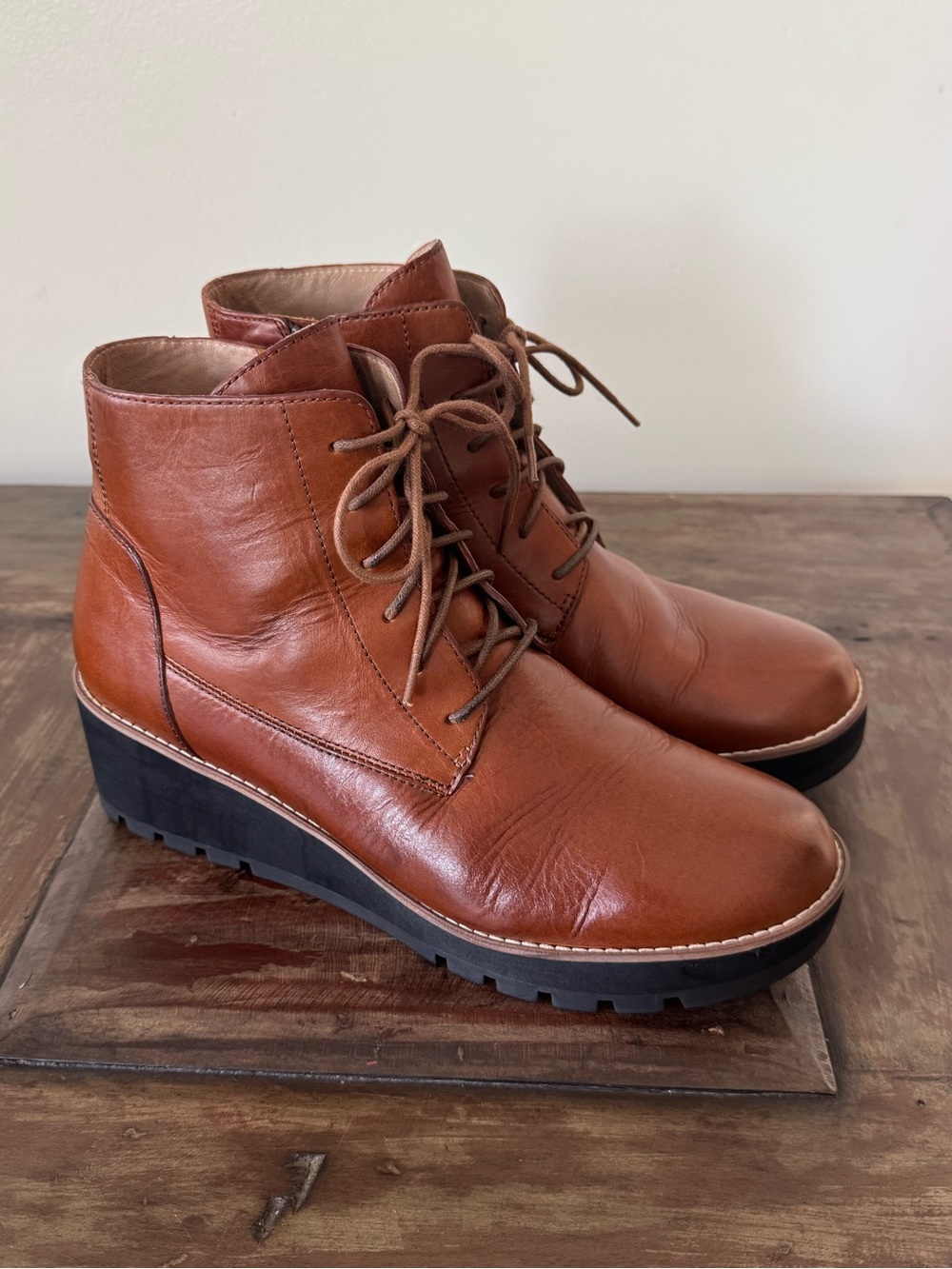 Eileen Fisher Crew Wedge Brown Leather Lace Up Booties Shoes Women’s Size 10